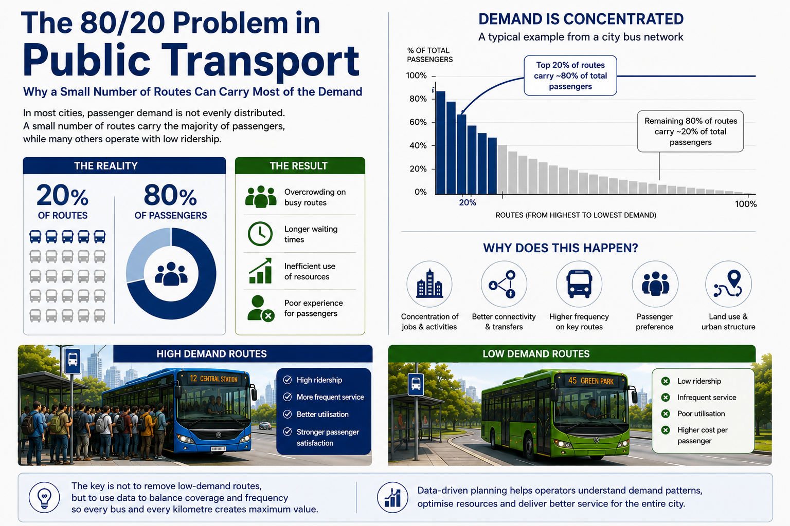 The 80/20 Problem in Public Transport: Why a Small Number of Routes Can Carry Most of the Demand