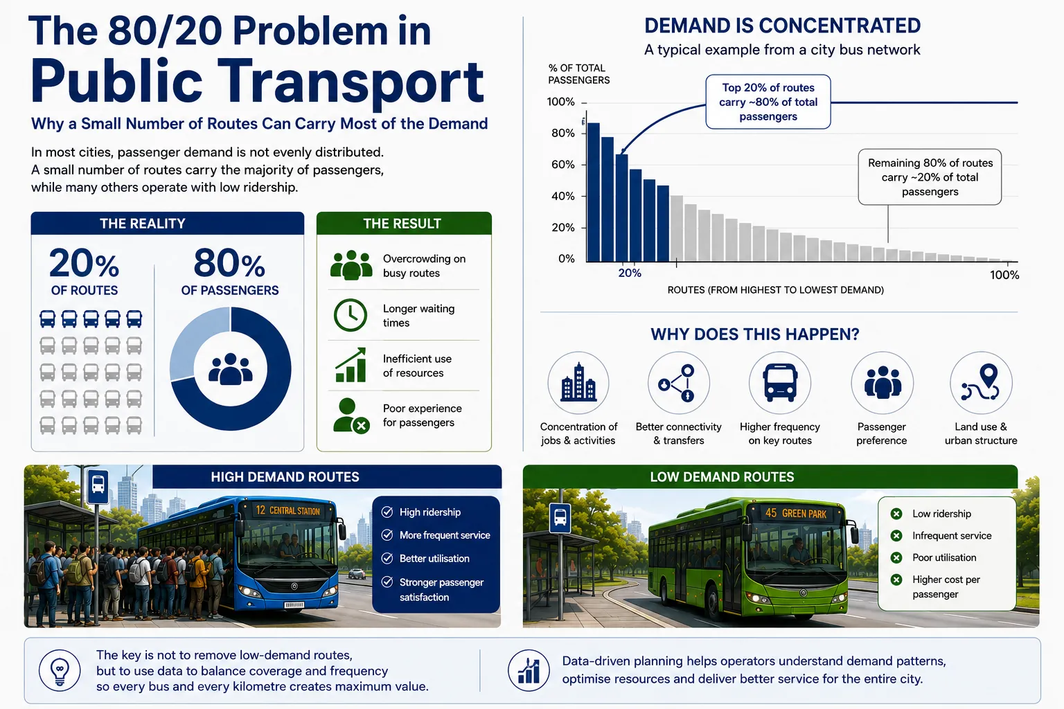 The 80/20 Problem in Public Transport: Why a Small Number of Routes Can Carry Most of the Demand