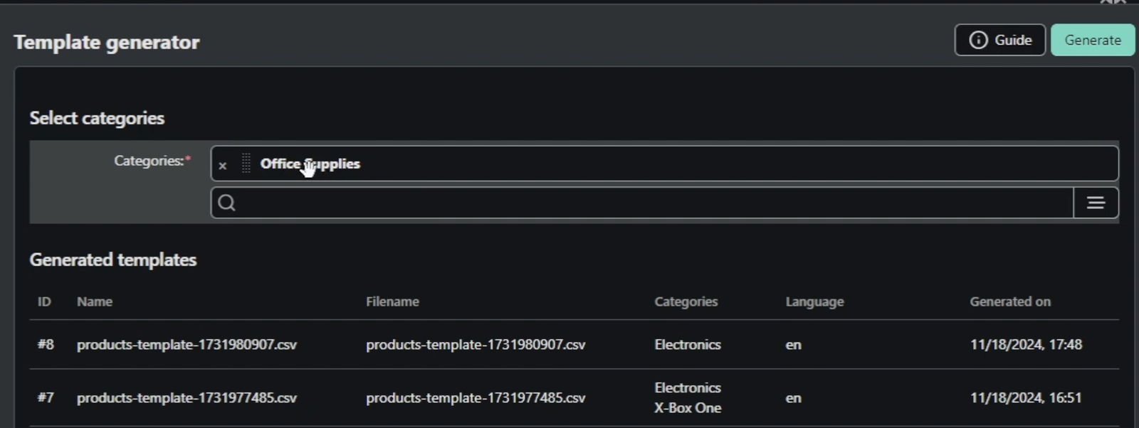 Category-Wise Product Upload Template Generator Addon for CS-Cart — screenshot 1