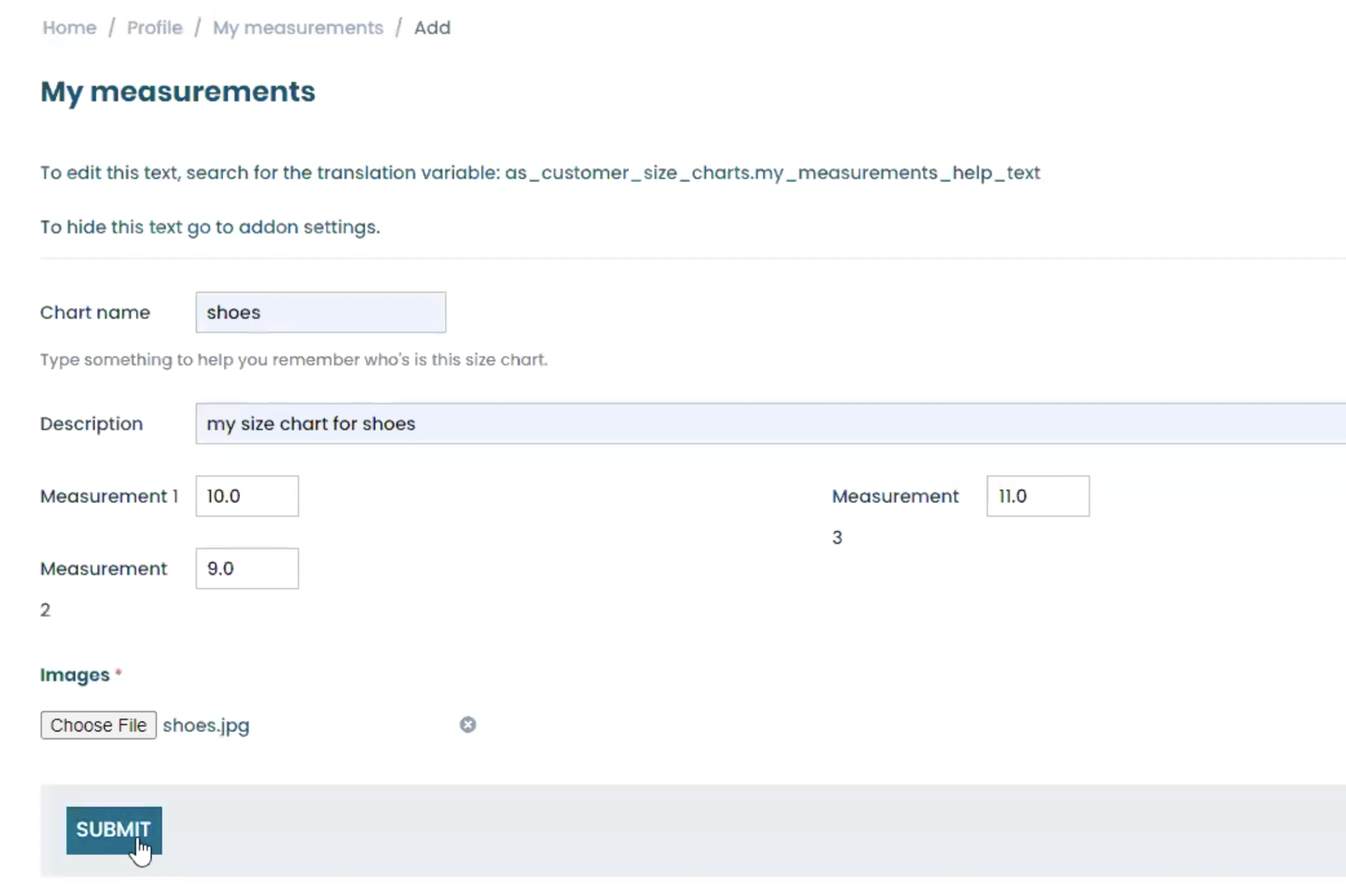 Customer Size Charts Addon for CS-Cart — screenshot 1